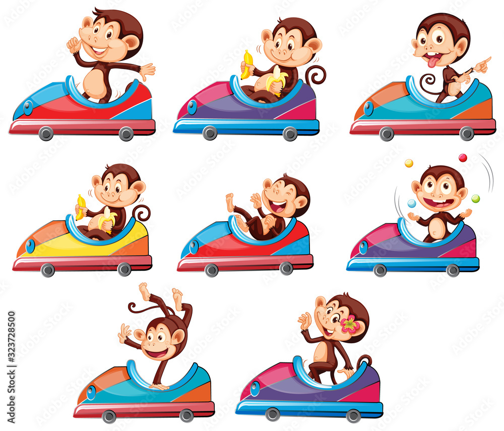 Set of monkeys riding on toy car Set of monkeys riding on toy car
