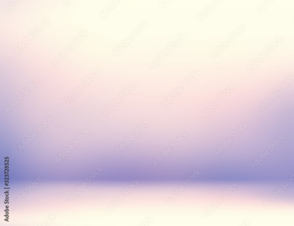 Light lilac empty room 3d background. Wall and floor delicate texture. Subtle studio abstract illustration. Pastel yellow blue pink gradient blurred pattern.
