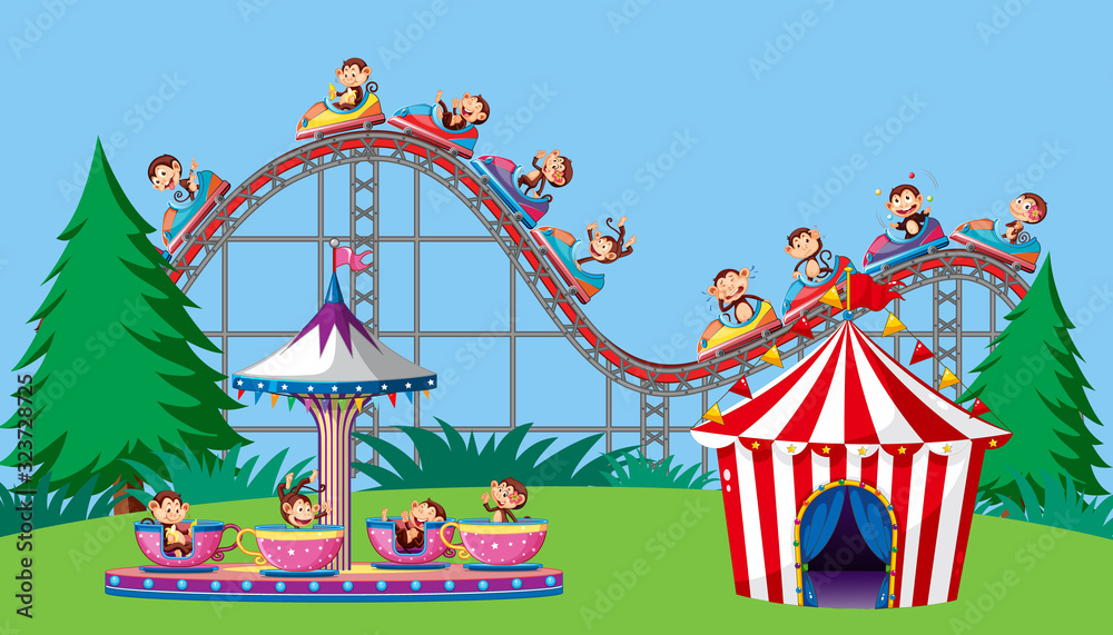 Scene with monkeys on circus ride in the park Scene with monkeys on circus ride in the park