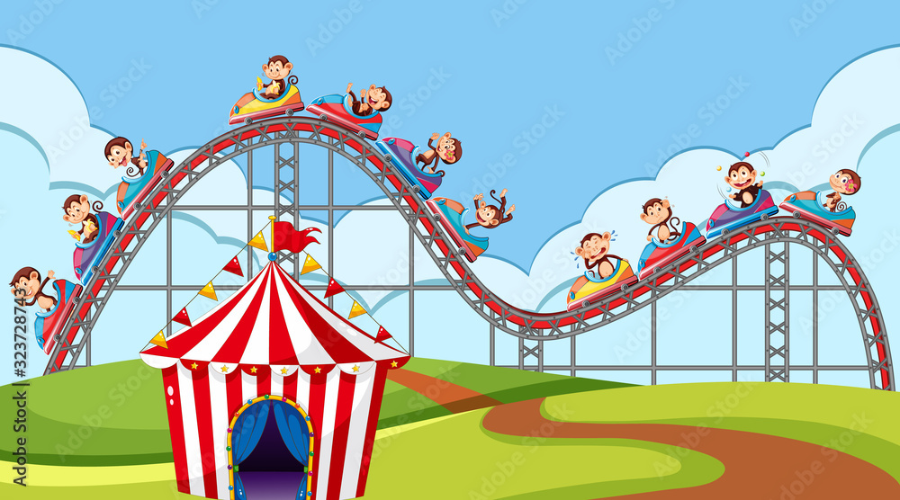 Scene with monkeys riding on roller coaster in the park