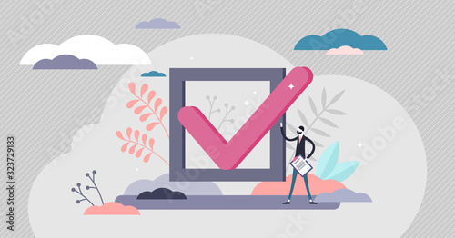 Checkmark approval concept, flat tiny person vector illustration photo