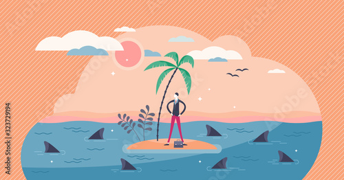 Trapped businessman surrounded by sharks, flat tiny person vector illustration