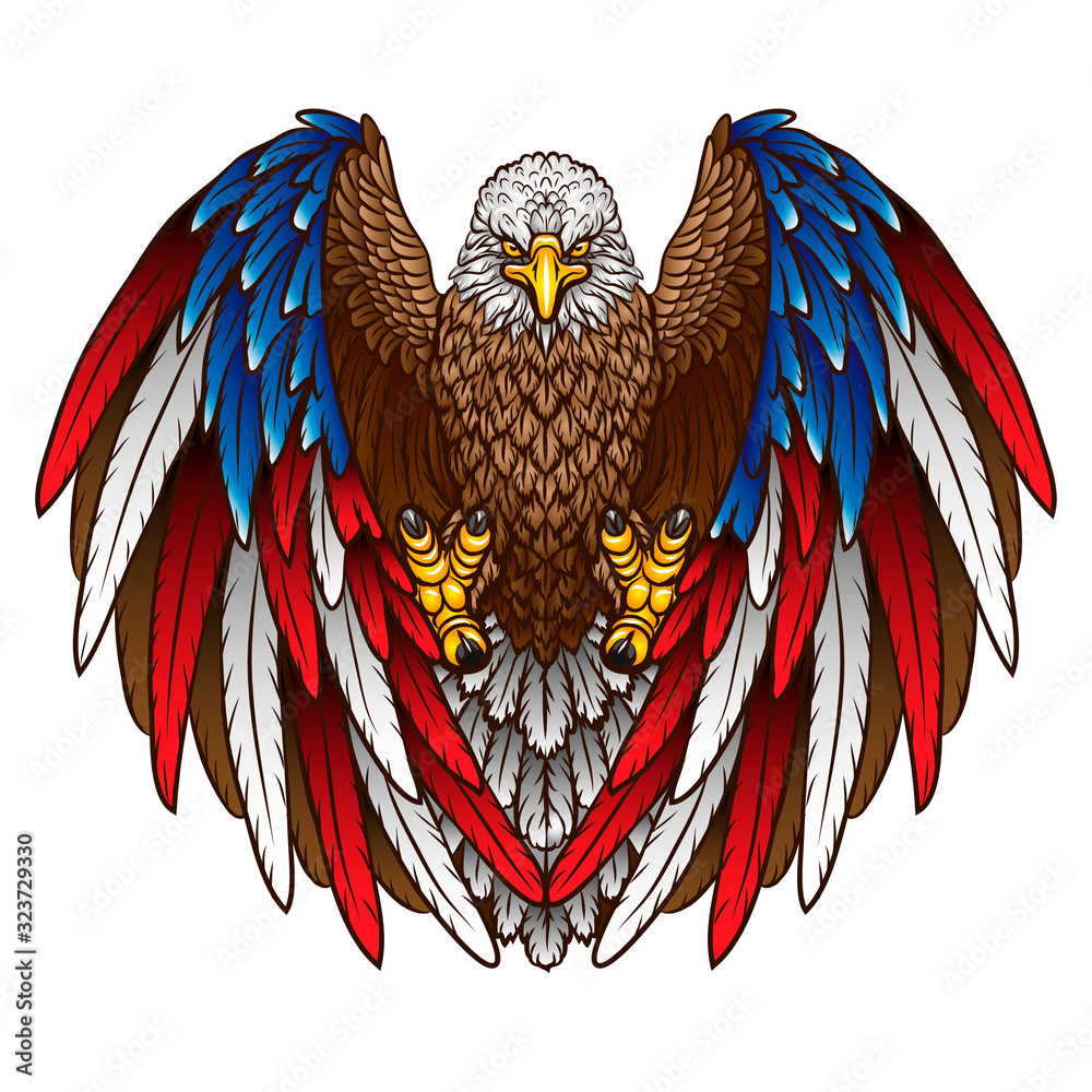 Fototapeta An eagle with an American flag. Graphic, color image of a flying eagle with wings the color of the American flag on a white background. Vector graphics.
