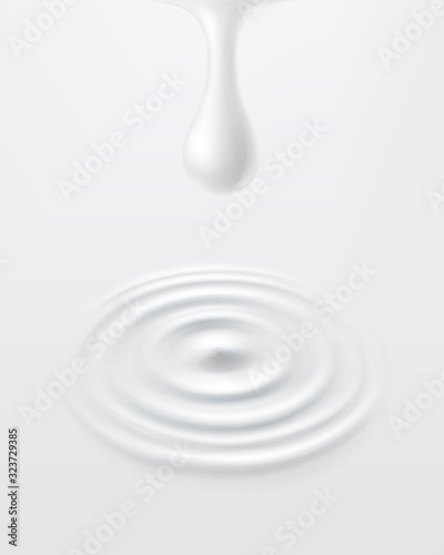 Milk circle ripple, splash water waves with drop top view on white background. Vector cosmetic cream, shampoo, milky product or yogurt swirl texture surface template..