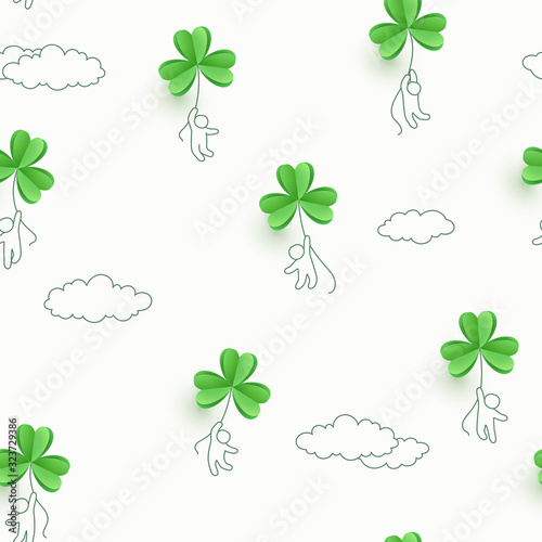 Shamrock flying green leaves seamless pattern. Irish Good Luck concept background. Vector clover template for Saint Patrick's Day holiday greeting card design..