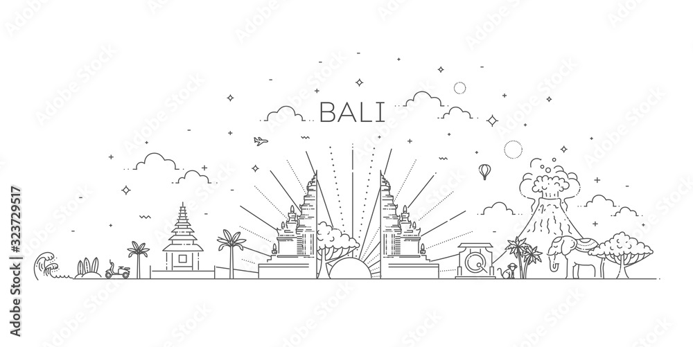Bali travel banner with famous landmarks. Vector illustration