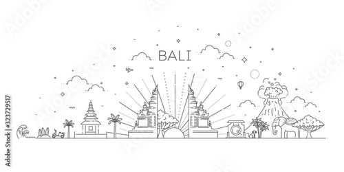 Bali travel banner with famous landmarks. Vector illustration