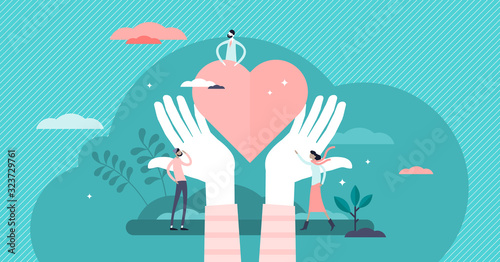 Fototapeta Love heart symbol with holding hands, flat tiny person vector illustration