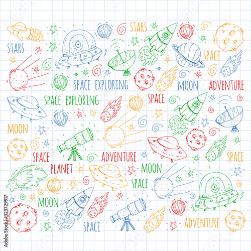 Space vector illustration. Science, technology pattern. Rocket and spaceships.