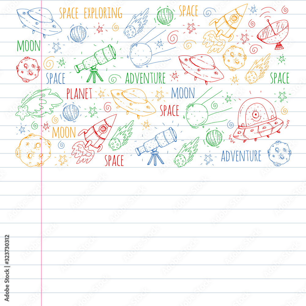 Fototapeta premium Space vector illustration. Science, technology pattern. Rocket and spaceships.