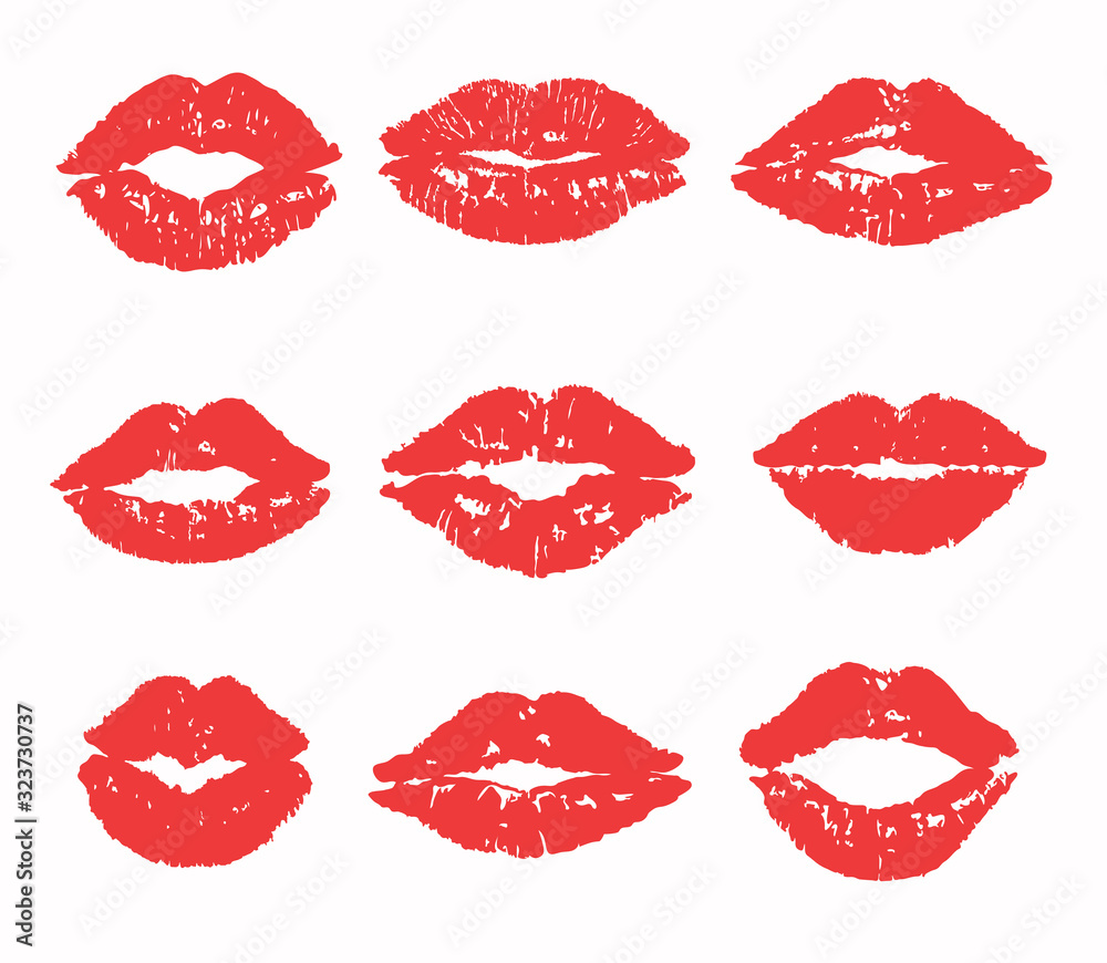 Vettoriale Stock Kiss trace set (red, pink lipstick). Flat lip vector  silhouette. Traces of sexy woman kisses isolated on transparent background.  Love sign, romantic stamp, imprint, symbol. Female mouth icon, logo.