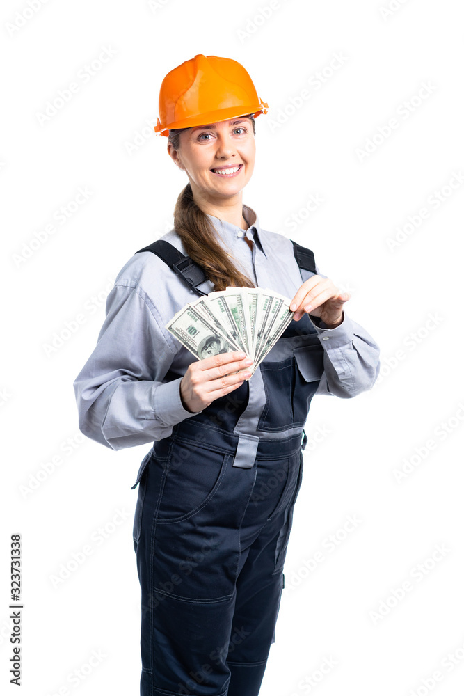 construction worker girl. The girl earned a lot of money and is very happy about it. Isolated construction worker girl. The girl earned a lot of money and is very happy about it. Isolated