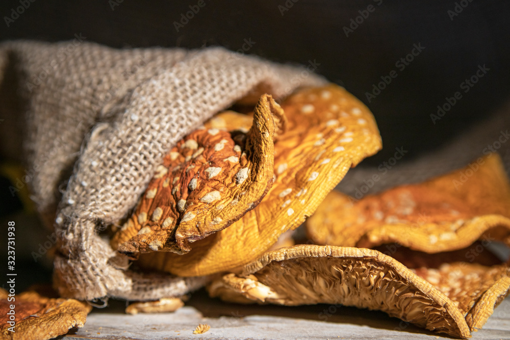 Fototapeta premium Dried Amanita is a psychoactive, hallucinogenic mushroom, which in micro doses has medicinal properties. Used by shamans in rituals and ceremonies.