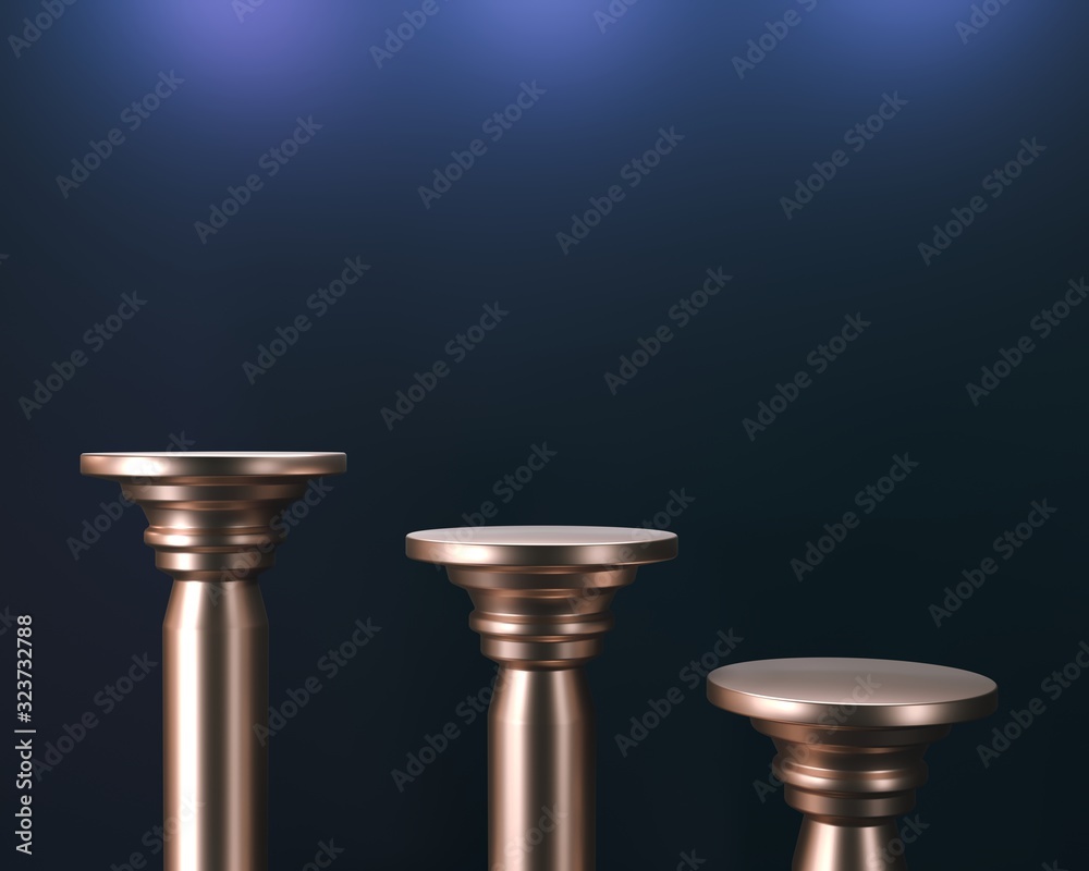 Golden podium column on blue background. Classic capital for exhibition of goods, brands. Design template mockup - 3d render illustration. Golden column, illuminated by rays of spotlights from above