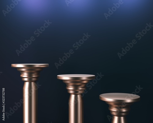 Golden podium column on blue background. Classic capital for exhibition of goods  brands. Design template mockup - 3d render illustration. Golden column  illuminated by rays of spotlights from above