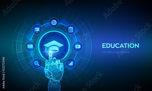Education. Innovative online e-learning and internet technology concept. Webinar, knowledge, online training courses. Skill development. Robotic hand touching digital interface. Vector illustration.