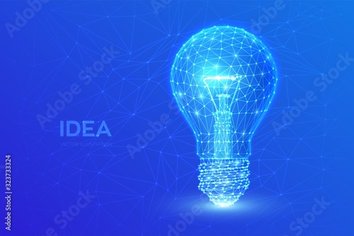 Idea. Low polygonal Lamp. Lightbulb low poly design with connecting dots. Idea with geometry triangle. Abstract lamp bulb mash line. Internet technology icon network concept. Vector illustration.
