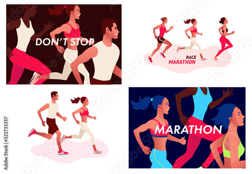 Running multinational people in bright sportswear. Men and women running marathon outdoor.Sports competition, workout or exercise, athletics. Active lifestyle. Colorful vector illustration.