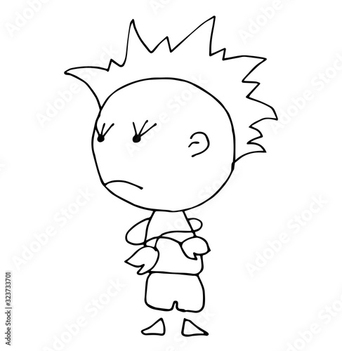 Coloring book for kids - Sad offended blond boy cartoon illustration standing with folded arms. Child  is expressing resentment. Vector flat image isolated on white background.