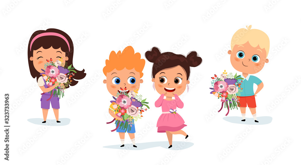 Cute kids with flowers. Men holding flowers. Happy March 8 International Women's Day. Vector illustration in a flat style Cute kids with flowers. Men holding flowers. Happy March 8 International Women's Day. Vector illustration in a flat style