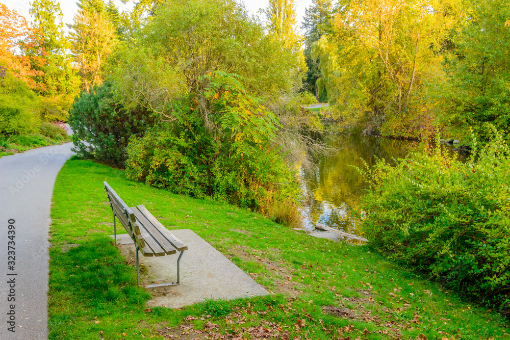 Obraz premium Colors of the autumn. Gorgeous pond in the park. Queen Elizabeth Park in Vancouver. Canada.