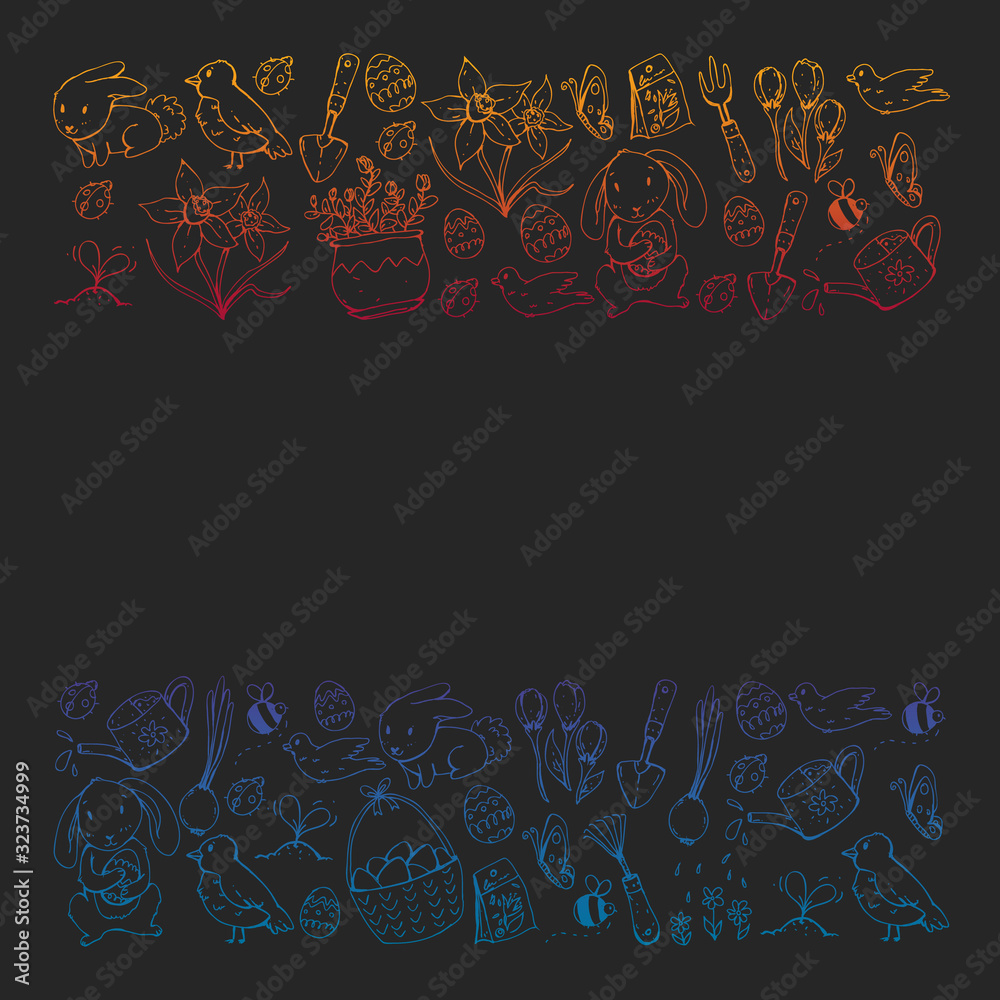 Vector pattern with easter and spring elements. Eggs in basket, bunny, flowers, birds