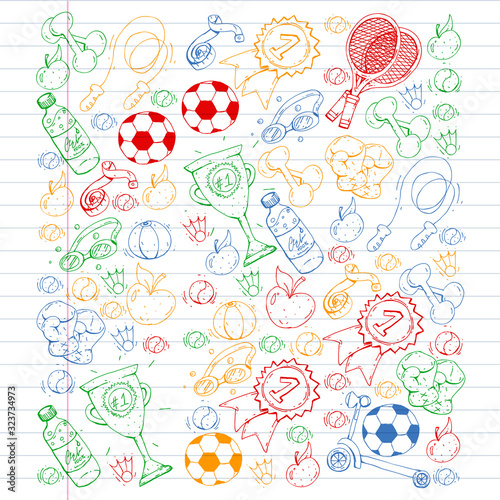 Vector pattern with sport elements. Fitness, games, exercises. Doodle icons in kids drawing style