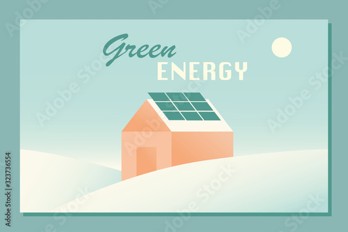 Green energy lettering and cottage house with solar panels on roof  and sun on sky. Modern hand drawn vector illustration in flat style and retro colors. Green technology, solar energy.