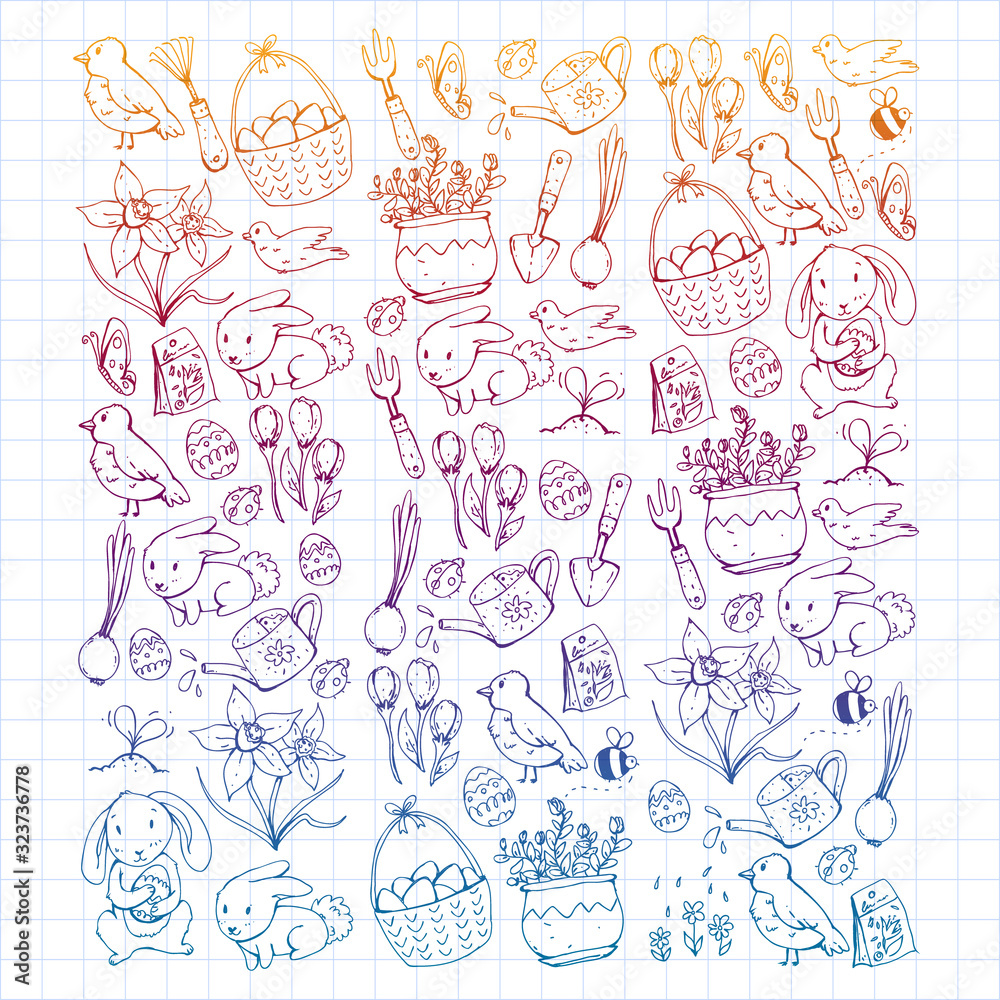 Vector pattern with easter and spring elements. Eggs in basket, bunny, flowers, birds