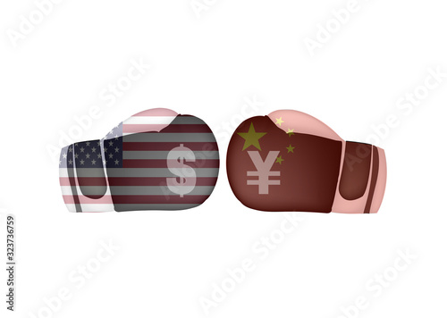USA VS China Trade war, Dollar and Yuan on Boxing gloves with The United States of America and The Republic of China flag, boxing battle concept, sign symbol background, vector illustration.