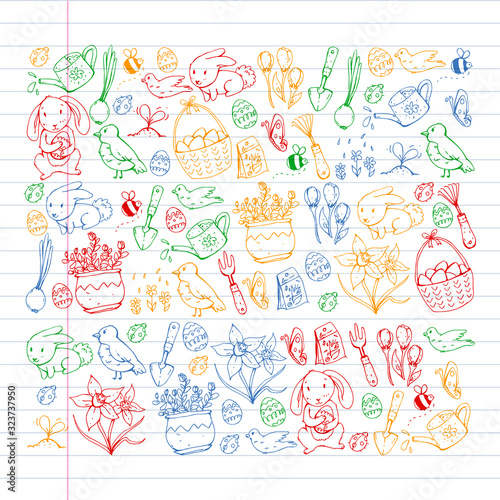 Vector pattern with easter and spring elements. Eggs in basket, bunny, flowers, birds