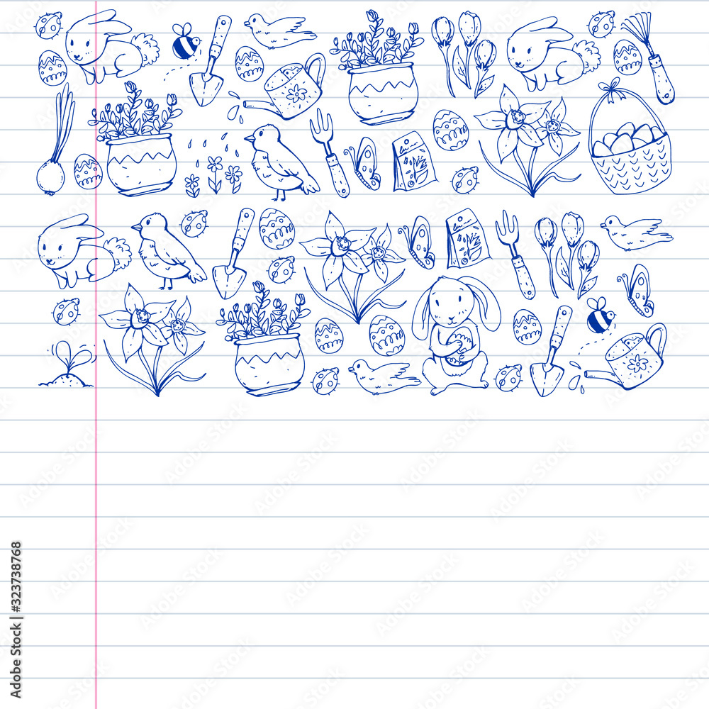 Vector pattern with easter and spring elements. Eggs in basket, bunny, flowers, birds