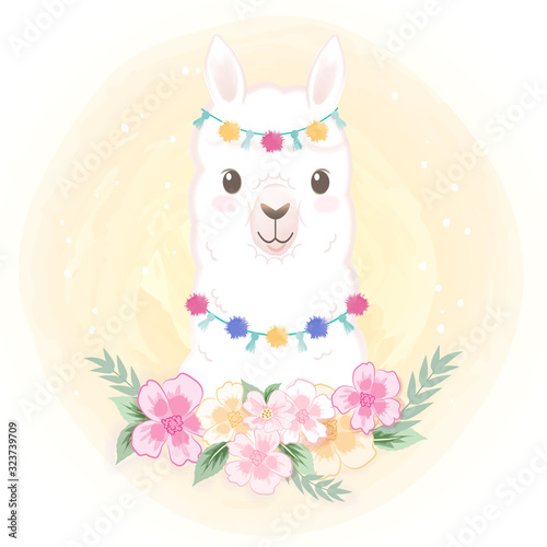 Cute Llama with flower hand drawn cartoon watercolor illustration