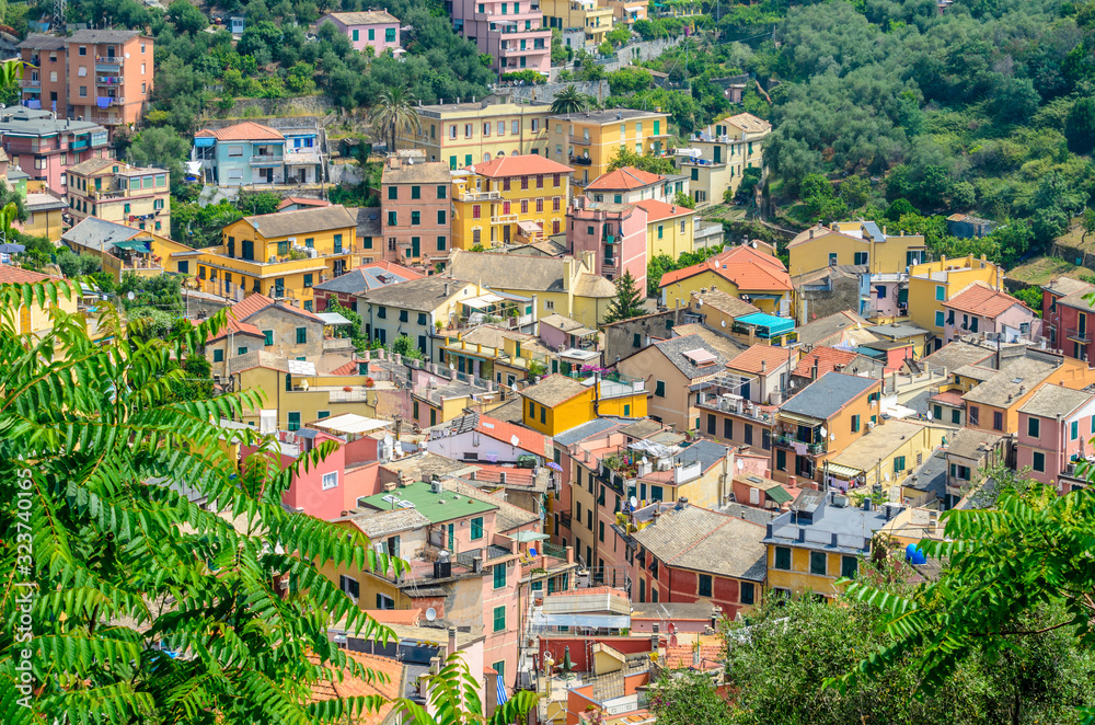 Monterosso in Cinque Terre, Italy, view at the town from mountain trail