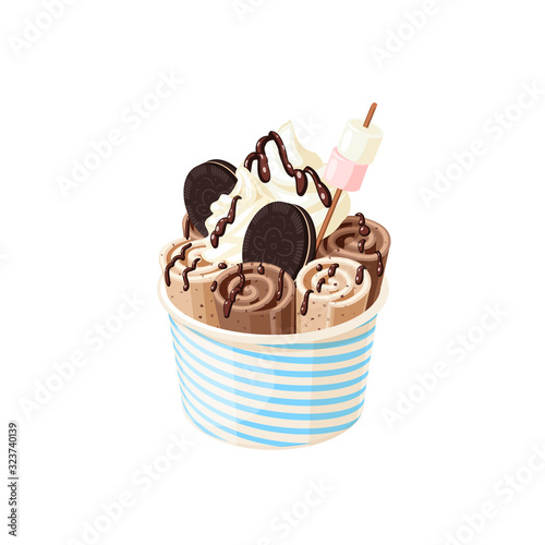 Basket of stir fried chocolate ice cream rolls under chocolate topping and whipped cream decorated with cookies and marshmallows. Vector illustration cartoon flat icon isolated on white.