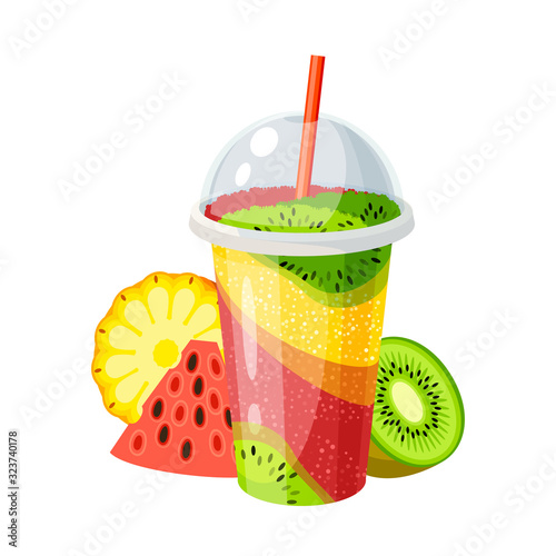 Plastic cup with lid and straw, full of colorful ice fruit fresh mix. Vector illustration cartoon flat icon isolated on white.