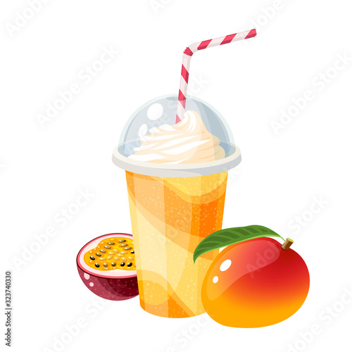 Colorful fruit milkshake design. Plastic cup with lid and straw, full of mango milk shake. Vector illustration cartoon flat icon isolated on white.