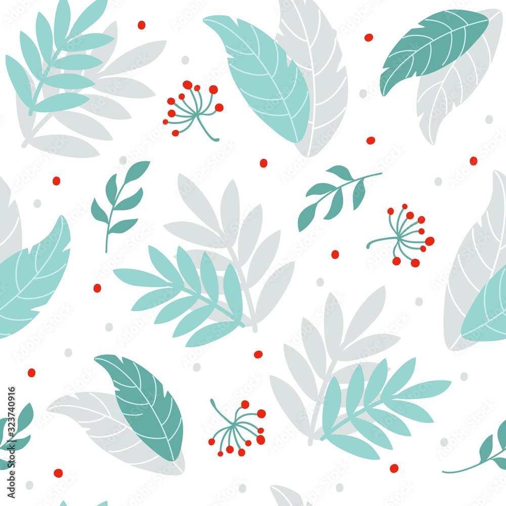 Fototapeta premium Seamless pattern with leaves and berries. Vector illustration in folk style.