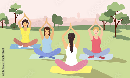 Flat vector illustration of young women conducting joint training. Group yoga classes in the fresh air. Gymnastics, sports exercises, active recreation.