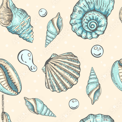 Hand drawn color sea pattern with seashells and bubbles. Vector illustration