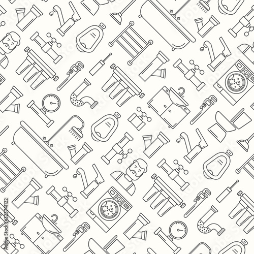 Seamless pattern with line style plumbing icons. Thin line background for plumbing service. Bathroom pattern with outline black icons on white.	