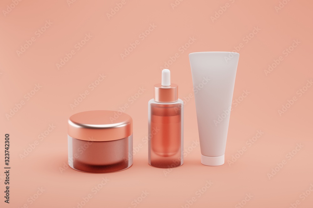 Set Blank cosmetic packaging mock up, pastel orange background, 3d rendering Set Blank cosmetic packaging mock up, pastel orange background, 3d rendering