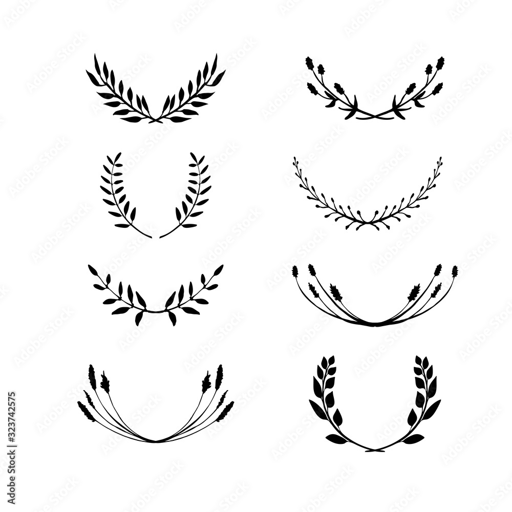 Laurel wreath set. Made of hand drawn greenery, wild flowers and field herbs. Black silhouettes isolated on white. Botanical drawing. Vector illustration.
