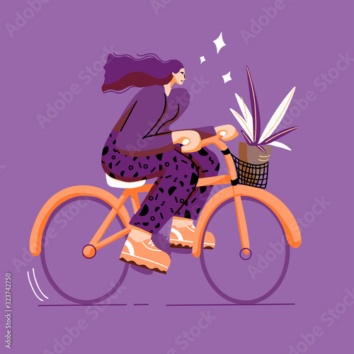girl on bicycle trendy  colourful flat  style with big shoes
