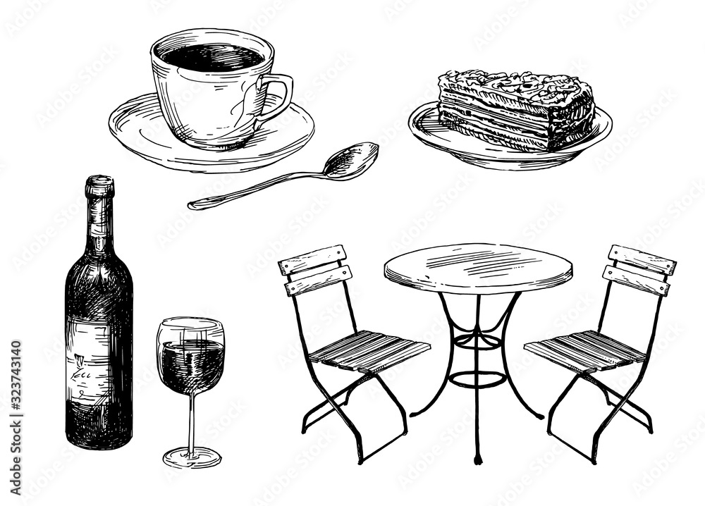 Old fashioned cafe furniture, coffee and cake.