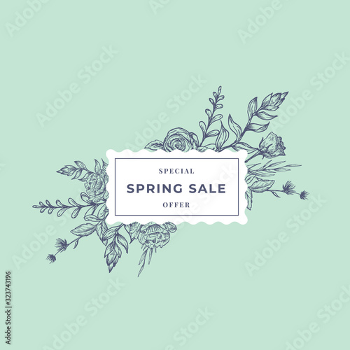 Spring Sale Abstract Botanical Banner or Label with Ractangle Floral Frame. Hand Drawn Rose and Peony Flowers, Leaves Sketches. Pastel Green Color Special Offer Promo Advertising Layout.