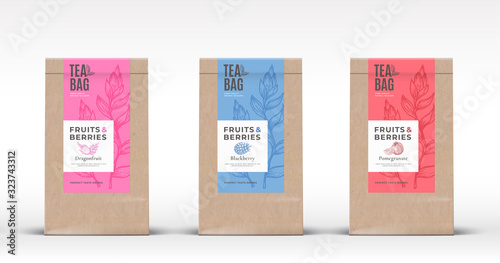 Craft Paper Bag with Fruit and Berries Tea Labels Set. Abstract Vector Packaging Design Layout with Realistic Shadows. Hand Drawn Pomegranate, Dragon Fruit and Blackberry Silhouettes Background.
