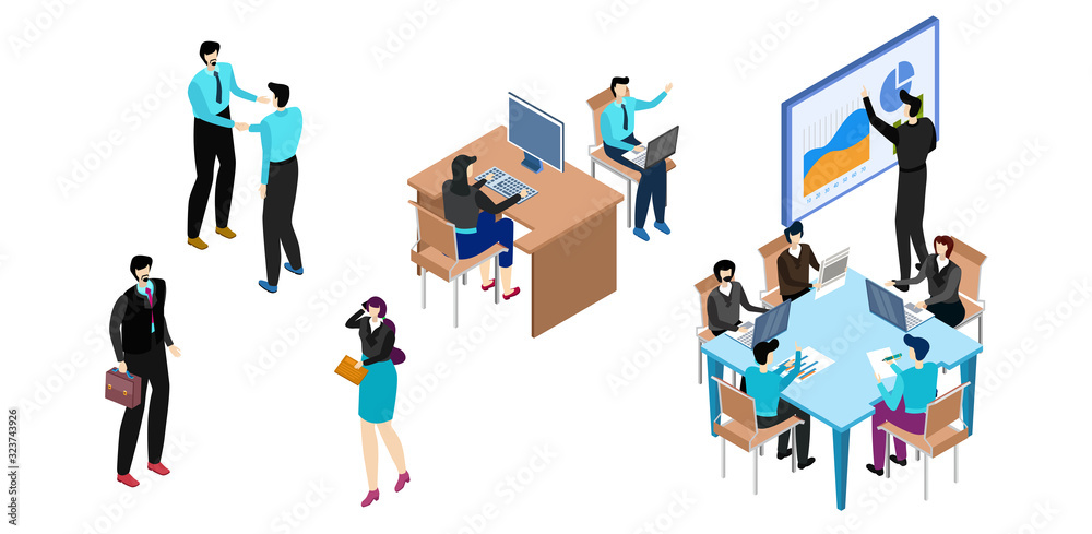 Business people work in office, set of isometric cartoon characters, vector illustration. Office employee, job in business company, men and women working. Businessman presentation, successful career Business people work in office, set of isometric cartoon characters, vector illustration. Office employee, job in business company, men and women working. Businessman presentation, successful career