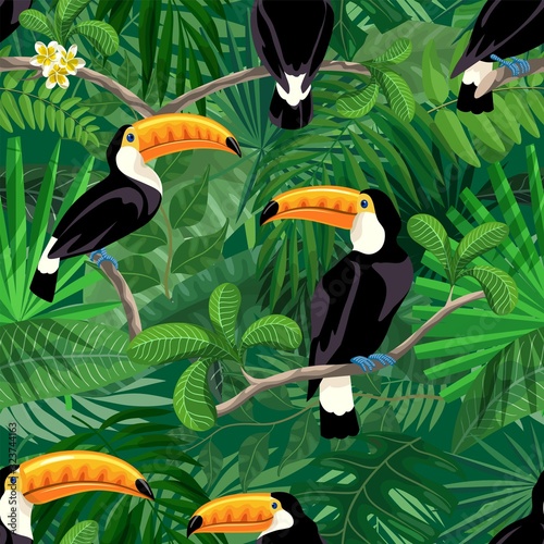 toucan bird in the rainforest. seamless background