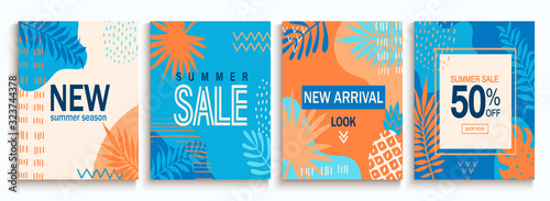 Set of summer sale abstract cards., backgrounds with geometric shapes. Template design for flyer, new season banner,poster,new arrivals.Promote up to 50 per cent price off in shops, stores, retails.